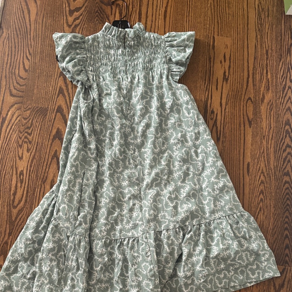 Women’s Sea New York Ruffled Smocked Dress in Sage Green and white with pockets - Picture 3 of 3